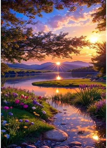 ckdiluy Landscape Diamond Art Kits for Adults Beginners, 5D DIY Sunset Diamond Painting Kits, Full Round Drill Diamonds Dots Gem Art Crystal, Home Wall Decor 12X16 Inch