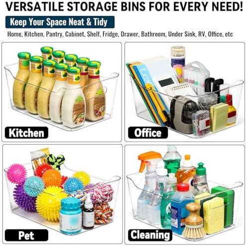12 PACK Multi-Use Clear Plastic Storage Bins for Organizing w/ Labels - Home, Kitchen, Pantry, Bathroom, Office, Cabinet Shelf Organizer Bins - SOHO Collection, RV, Fridge Organization Containers -XL