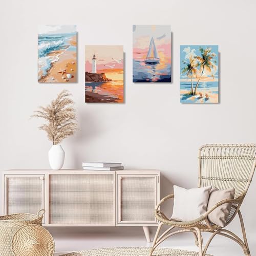 Gemozaic 4 Pack Beach Framed Paint by Numbers Kit for Adults, 8 x 12 Inch