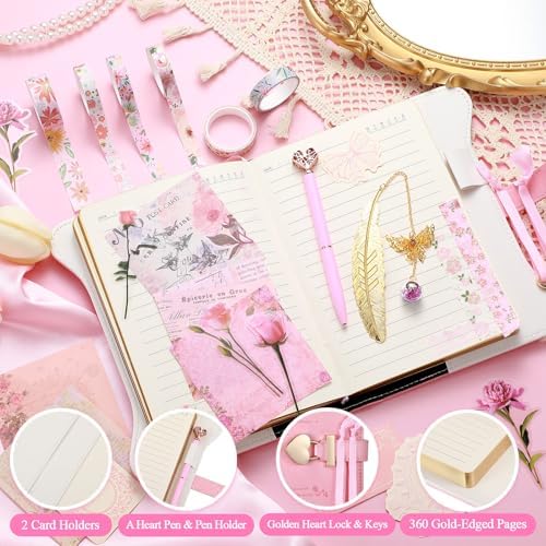 Janlaugh DIY Journal Diary with Lock Pack Scrapbook Kit, Pink, Classic | Stationery Diary Supplies, Scrapbook Supplies Art Crafts Kit for Birthday Holidays Ideal Gifts, Feather Bookmark Stickers
