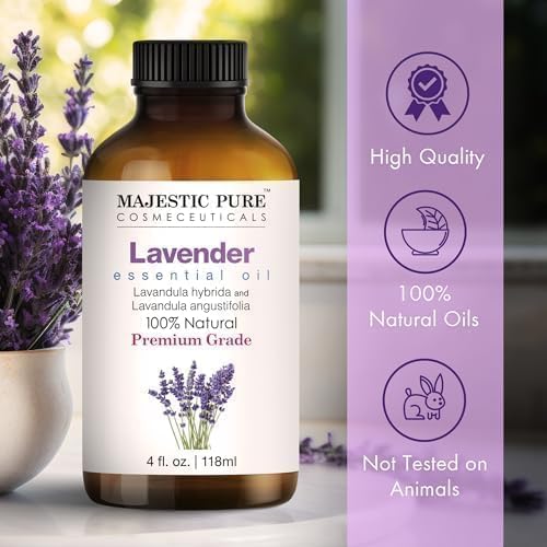 Majestic Pure Lavender Essential Oil for Diffuser - 4 Fl Oz | 100% Natural Essentials Oils for Aromatherapy, Soap and Candle Making Fragrance, Massage and Skin, Lavender Oil
