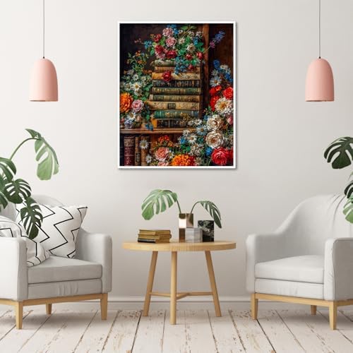 Amaieuin Books Paint by Number Adult,Canvas Paint by Numbers for Adults,Book Flowers Adult Paint by Numbers for Home Wall Art Decor 20x16in