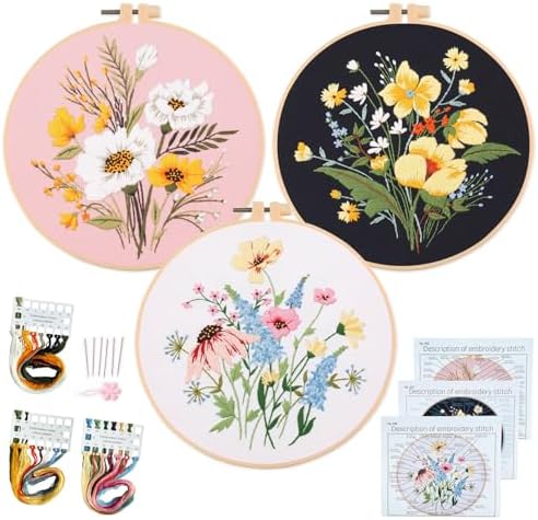 Silentsea 3 Embroidery Kits-Beginner Collection, Includes All Needed 3 Plastic Hoops, 3 Embroidery Fabrics with Patterns, Threads, Needles, and More.