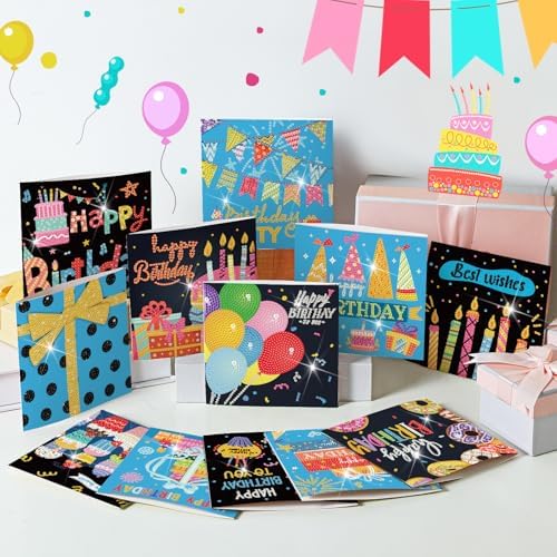 Saillong 12 Pack Black Happy Birthday Diamond Art Card with Envelopes