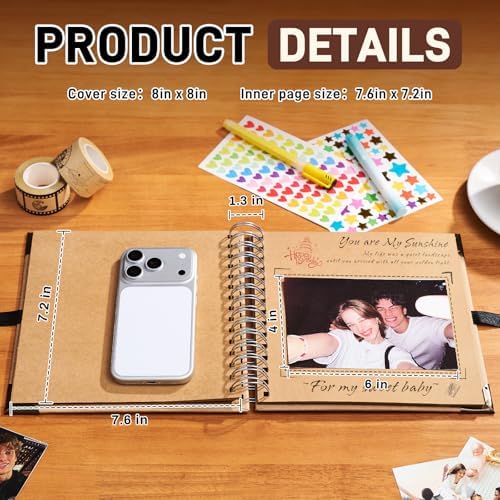 OVESMUSL 8x8 DIY Scrapbook Kit, Brown, 40 Pages | Features 250gsm kraft paper, metal corners, 3D interactive elements, and glue stick. Great for wedding, anniversary, baby.
