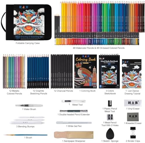 H & B 150PCS Drawing Pencils Set with Portable Zipper Bag – Professional Sketching & Art Supplies Kit with Sketchpad and Colored Pencils for Adults & Artists