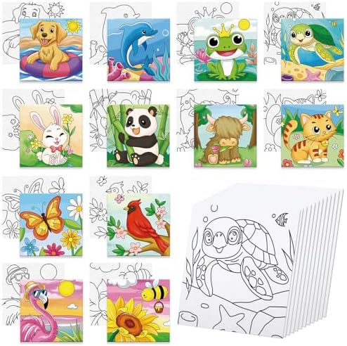 Anseal 12 Packs Pre Drawn Canvas to Paint, 4" X 4" Animal Pre-Printed Canvas Paint Party, Stretched Outline Painting Boards for Beginners, Party Favor