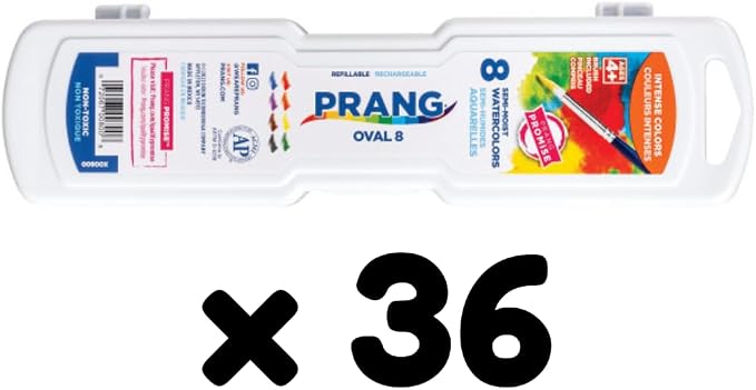 Prang Semi-Moist Watercolors 8-Color Oval Pan Set, Class Pack of 36 | Refillable, Wax-Free Pigments, Mixing Tray in Lid, Size 6 Paintbrush Included