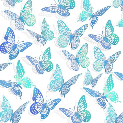 SAOROPEB 3D Butterfly Wall Decor 48 Pcs Laser Blue Butterfly Decorations | 4 Styles 3 Sizes, Butterfly Birthday Decorations Butterfly Party Decorations Cake Decorations, Removable Stickers