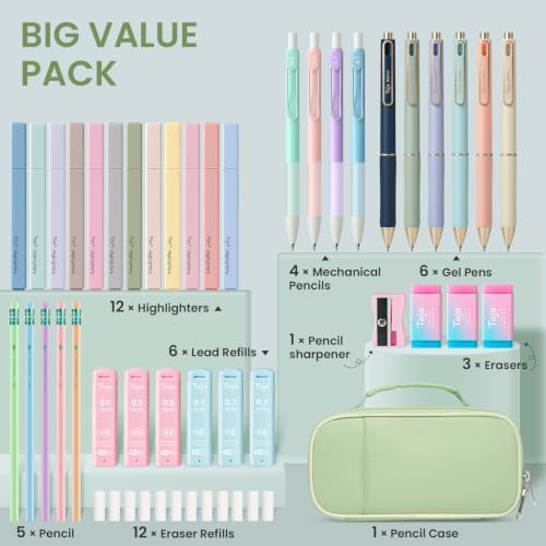 Taja Cute Pencil Case With School Supplies, 39 PCS, Stationery Set, Green