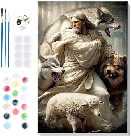 Bowetile Framed Jesus Paint by Numbers Kit for Adults, Adults' Paint-by-Number Lamb Kits on Canvas, Painting by Numbers Wolves, DIY Acrylic Number Painting for Home Wall Decor, 8x12in