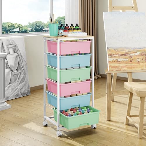 6 Drawer Rolling Storage Cart with Wooden Top and Wheels for Craft Rainbow