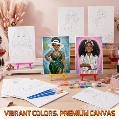 Blosssound 10 Set Pre Printed Canvas Pre Drawn Canvas Painting with Easel Kits 5" x 7" Outline Painting Panels for Beginners, DIY Craft Project, Party Favor, Home Decors(Curvy Goddesses)
