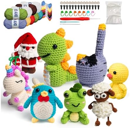 YOKISS 8Pcs Beginner Crochet Starter Kit, Creative Birthday Gifts for Adults & Kids, Popular DIY Patterns, 40% Extra Yarn Crochet Animals Kits with Step-by-Step Video Tutorials