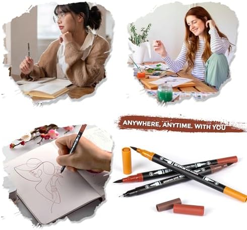 Brown Duo Tip Marker Pens, 12 Fine & Brush Tip Pen For Adult Coloring Books