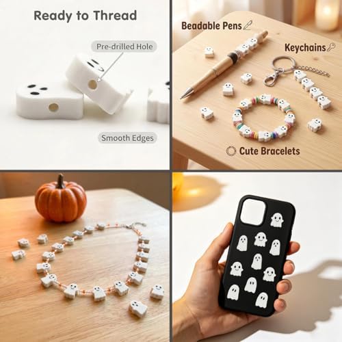 100Pcs Halloween Handmade Polymer Clay Beads, Ghost Polymer Clay Spacer Beads Assorted Ghost Supplies for Women Jewelry Making DIY Charms Bracelet Necklace Hair Clip Accessories Handmade Craft