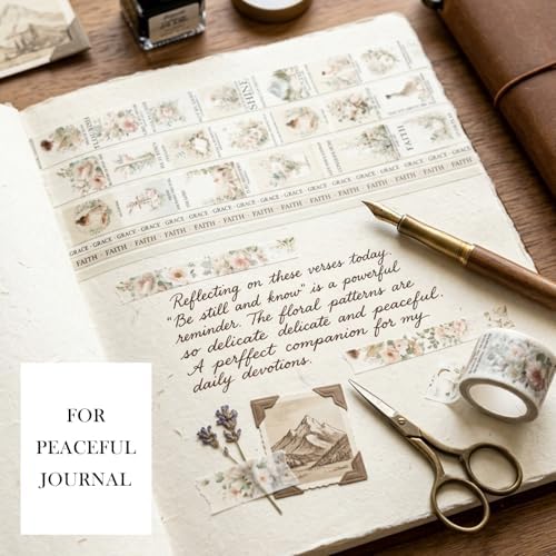 Bible Journaling Washi Tape Set for Women – 10 Rolls Floral Faith Theme Washi Tape with Scripture Verse & Christian Words, Decorative Tape for Planner, Prayer Journal Supplies (10)