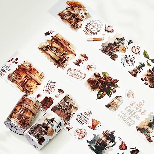 WT Caffeine Canvas Wide Washi Tape, Single Roll, Original Designs, Watercolor Vintage Cafe Paper Tape, Coffee Theme for Journals, Scrapbooks, Bujo Planners, DIY Crafts Supplies