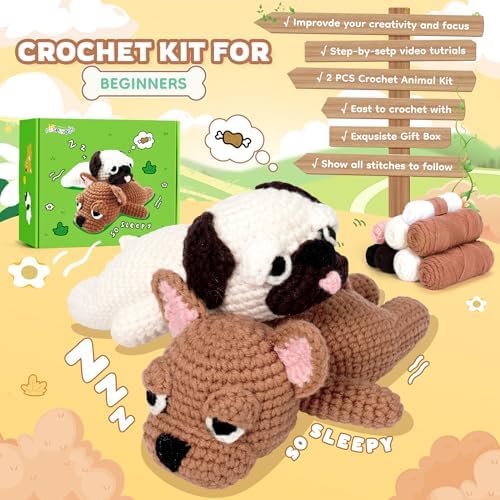 Crochet Kit for Beginners- Teacher Appreciation Gifts, 2 PCS Pug and French Bulldog Crochet Kits for Adults, Sleeping Dog Crochet Kit with Step-by-Step Video Tutorials Instructions DIY Knitting Kit