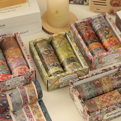 12 Rolls Kyoto Charm Washi Tape Set Japanese Arts Adhesive Tapes Geometric Garden Decorative Masking Tape Sets for Craft, Kids, Scrapbook, DIY, Gift Wrapping (Purple Sakura)