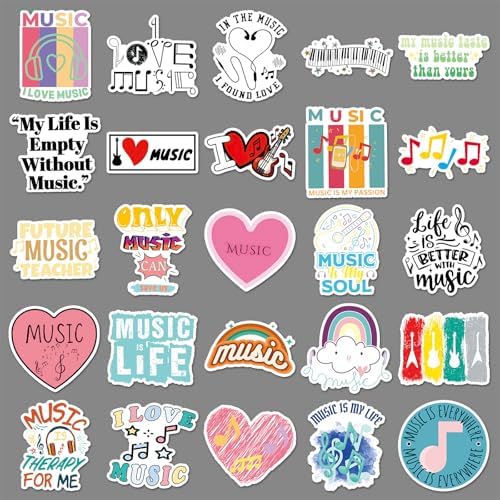 Love Music Inspirational Stickers for Adults, 50 PCS Music Lover Motivational Waterproof Vinyl Stickers, Decor Decals for Guitar Water Bottles Laptop Headphone Instruments Musical Note Scrapbooking