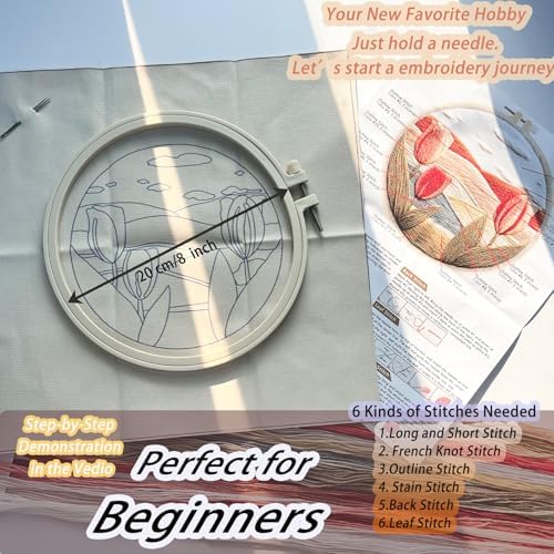 FONNUY Embroidery Kit for Beginners, Tulips Flowers Pre-Stamped Pattern Kits for Adults with Hoop, Easy to Follow Color Thread Needlework, 8'' Hoop (Orange)