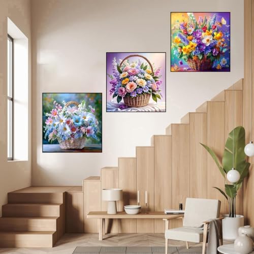 WNPOKN 3 Pack Floral Basket Diamond Art Kits for Adults 12x12Inch