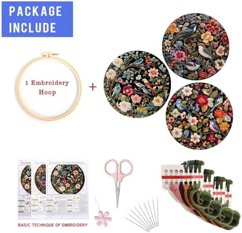 LB Red Floral Embroidery Kit for Beginners Adults, 3 Sets Hand Embroidery Starter Kit with Cute Bird Pattern and Instructions Stamped Cross Stitch Kits Include Embroidery Hoop Needles Threads Scissors