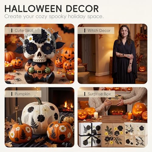 LUXEEASE 90P Halloween Black & White Dried Pressed Flowers | Gothic elegant craft accent, for resin jewelry scrapbook card candle frame party spooky decor, tweezers included