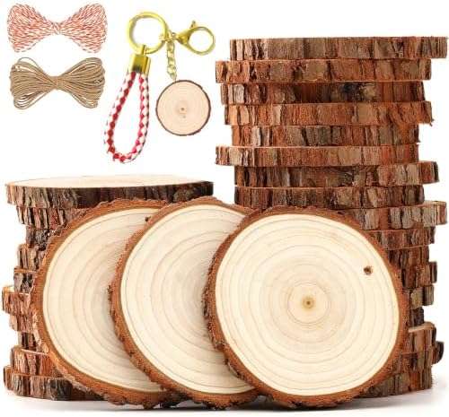SENMUT Wood Slices 30 Pcs 3.1-3.6inch Natural Rounds Unfinished Wooden Circles Christmas Ornaments for Crafts Wood Kit Predrilled with Hole Wood Coasters, Craft Supplies for DIY and Painting