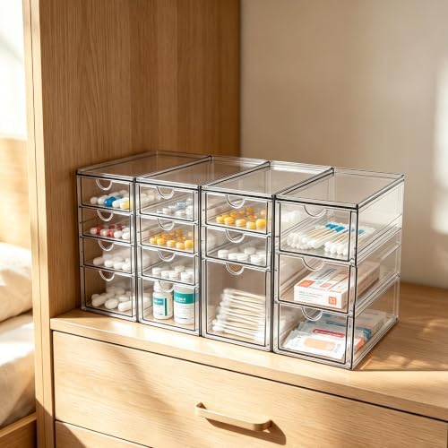 Prsildan Acrylic Desk Organizers with 14 Drawers, Stackable Makeup Storage