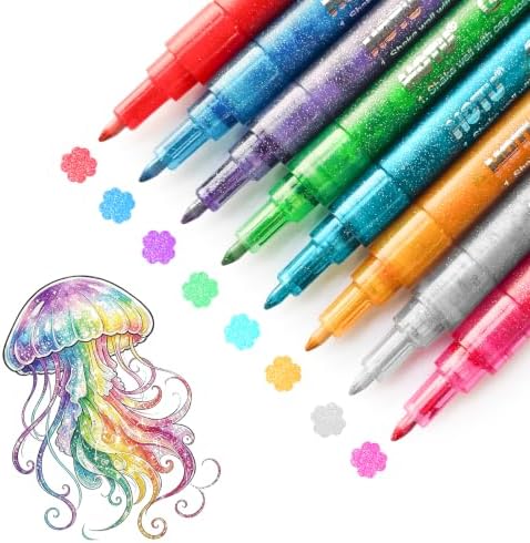 HOTU Glitter Marker Pens, 8 Pack, Assorted Sparkly Colors, 0.7mm Fine Tip