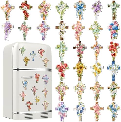 Motipuns 30 Pcs Diamond Magnets,Flower Cross,Wood