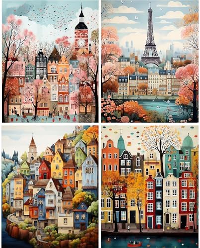 4 Pack Diamond Art Kits for Adults,Cityscape Diamond Painting Kits 12x16 In