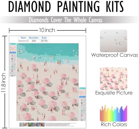 RLTXBUK Coastal Beach Diamond Art Kits, Pastel Pink Summer Ocean Seaside Landscape Gem Diamond Painting Art Kits for Kids Adults Beginners, Coastal Granddaughter Room Decor, 9.8x11.8 Inch