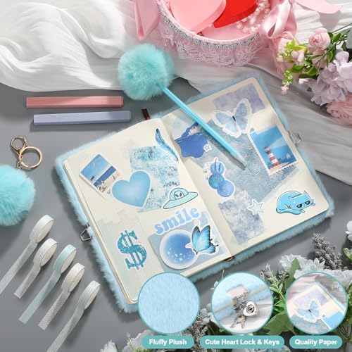 Janlaugh DIY Journal Diary with Lock Pack Scrapbook Kit, Blue, Plush | Stationery Diary Supplies, Scrapbook Supplies Art Crafts Kit for Birthday Holidays Ideal Gifts, Feather Bookmark Stickers