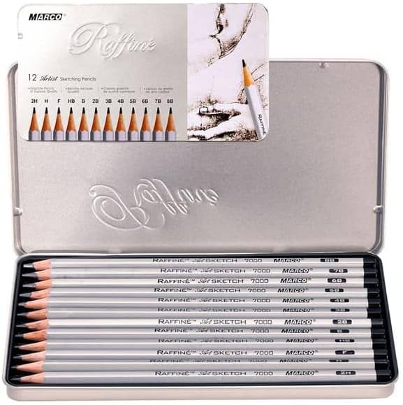 Raffine Artist Graphite Pencils Set for Drawing, Sketching, Writing, Tin Gift Box, 12 Degree Set -2H, H, F, HB, B, 2B, 3B, 4B, 5B, 6B, 7B, and 8B (12 pc)