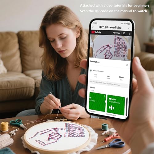 Crafmanoe Easy Hand Embroidery Kits for Beginners Adults, Focus Embroidery Starter Kits, Counted Cross Stitch Kits for Beginners Craft Kits for Adults Women, Embroidery Hoops, Thread & Video Tutorial