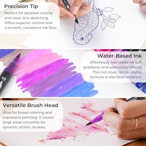 ZSCM QUALITY DECIDES THE FUTURE Purple Duo Tip Marker Pens, 12 Fine & Brush Tip Pen For Adult Coloring Books