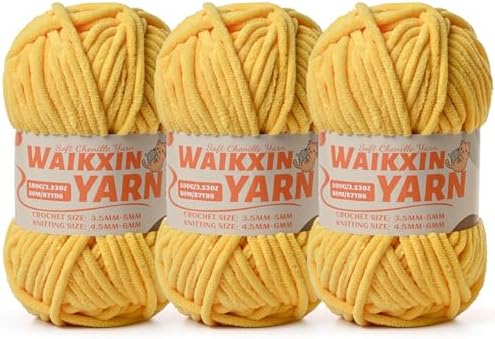 （3 Yellow） 3 Pack Super Soft Fuzzy Chenille Chunky Yarn for Crocheting, 300g (261yds) Velvet Fluffy Amigurumi Yarn for Hand Knitting Baby Blankets Weaving Craft