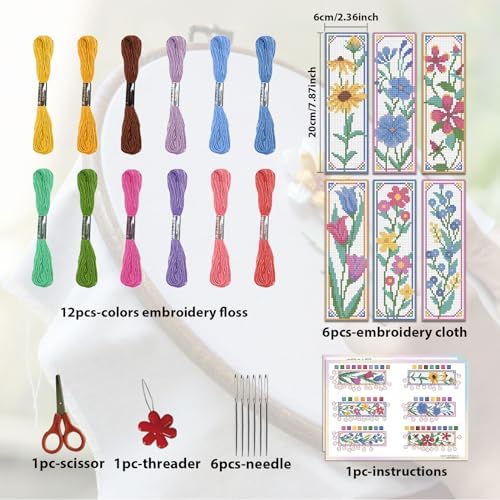 ORIGACH 6 Pcs Flower Cross Stitch Bookmark Kit for Beginner with Backing Felt Floss Instruction Sunflowers Tulip DIY Stamped Embroidery Bookmark Kit for Starter Adults Book Lovers