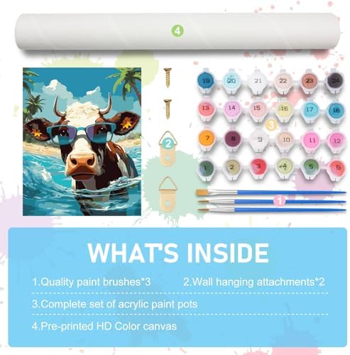 Paint by Numbers Kit for Adults, Beach Cow DIY Acrylic Canvas Painting Set