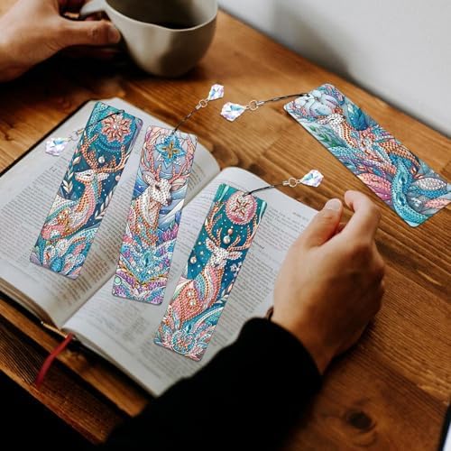 4 Pack DIY Diamond Painting Bookmarks, Special Shaped Deer Design Handmade Crystal Rhinestone Bookmark Kits with Tassel, Sparkling Art Bookmark for Reading Enthusiasts