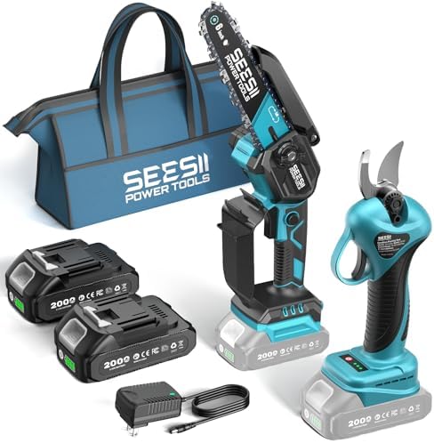 SEESII 2-in-1 Mini Chainsaw & Pruning Shears Combo, Brushless Motor | 6 Inch Cordless Chain Saw, 1.2" Electric Pruner with 2×2000mAh Batteries, for Tree Cutter, Pruning Scissors for Gardening