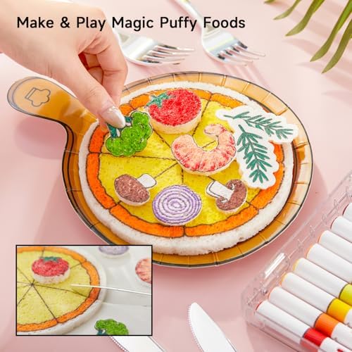 Shuttle Art 104 Pcs Magic Foam Texture Painting Kit Food Series: 34 Food Foam Pieces, Paper Plates, Forks & Knives, 12 Acrylic Paint Markers, Magical 3D Effect DIY Art Craft for Kids Ages 3-12