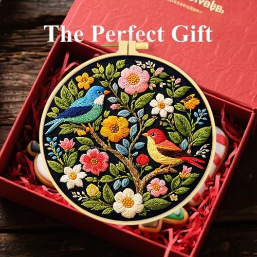 Zhenqing Floral Tree with Birds Embroidery Kit for Beginners, Pre-Printed 29x29cm Cotton Fabric with 20cm Hoop, Colorful Spring Garden Design (C0239)