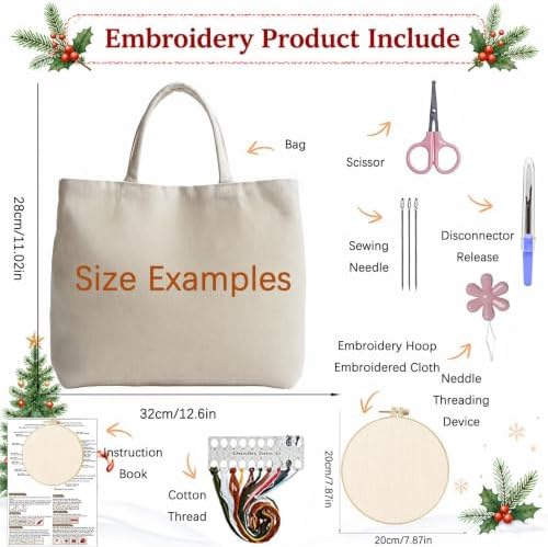 ARTopet Embroidery Tote Bag Kit for Beginners Christmas Canvas Cross Stitch Handbag with Hoops Needles Threads Reusable Grocery Bag for Women-Christmas Tree