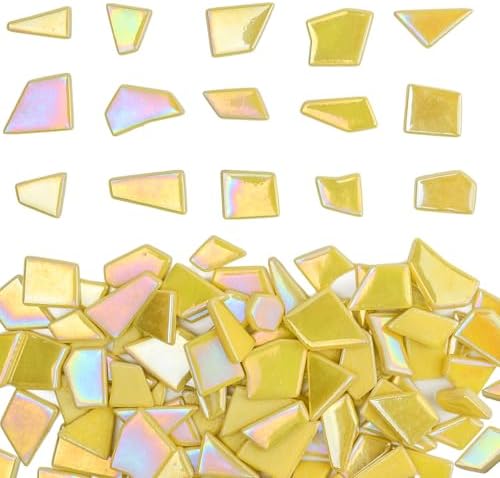 Youway Style Iridescent Glass Mosaic Tiles for Crafts Bulk,200g Yellow Broken Mosaic Glass Pieces for Garden Crafts Kits,DIY Mosaic Art Decor