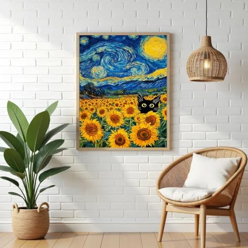 VeGuude Diamond Art Cat Kits for Adults, Full Drill Starry Night Sunflower Diamond Painting Kits for Beginners, DIY Full Rhinestone 5D Diamond dots (Gemstone Craft), Home Wall Decoration (12x16 inch)