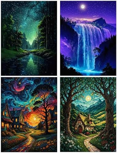Lovepefe Starry Sky Paint By Numbers Kit for Adults, 4 Pack Country Night Paint By Number Kits for Beginner Moon Acrylic On Canvas DIY Oil Painting Kit for Gift Home Wall Decor 12x16 Inch